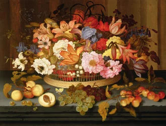 Stillleben mit Früchten und einem Korb voller Blumen, 1623